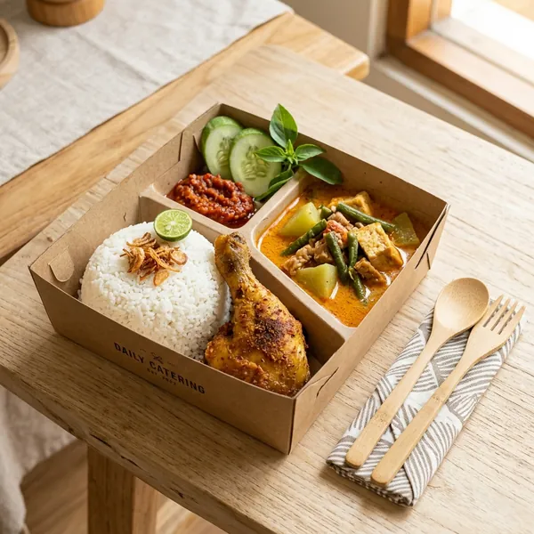 Paket katering harian Dapur Amara dengan nasi dan lauk pauk lengkap